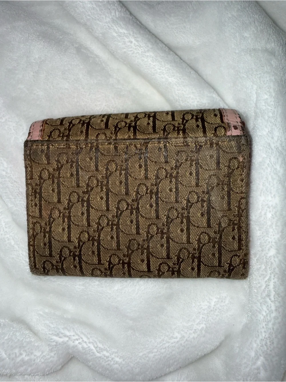 USED Dior Brown Monogram Wallet with Pink Trim and Silver Plate